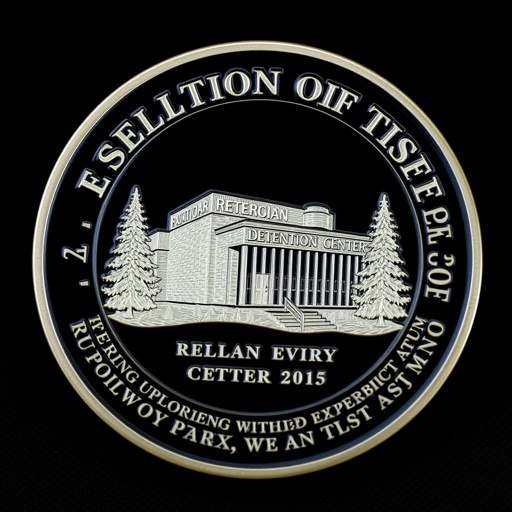 A challenge coin featuring a round shape, predominantly black color. Engraved images of a detention center and jail bars, surrounded by pine trees. The surface etched with bold text, commemorative in theme, symbolizing resilience and unity. Coin-sized, a tangible reminder of strength, belonging, and the shared experience within adversity.