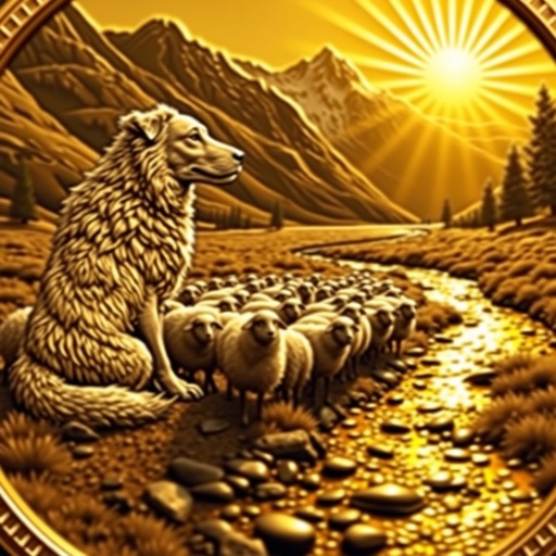 Golden challenge coin, intricate details, a majestic sheepdog guarding a fluffy herd of sheep, nestled in a serene valley. Glimmering stream meandering through the landscape, reflections of gold hues dancing on the water's surface. Towering mountains loom in the backdrop, their peaks kissed by a radiant golden sunlight, symbolizing strength and loyalty.