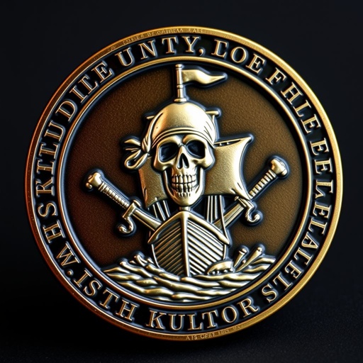 A challenge coin featuring a detailed skeleton head atop a pirate ship, surrounded by crossed swords. Round shape accentuated with a matte finish, smooth edges enhancing tactile appeal. Gothic text style encircles the edge, the 3D relief design adding depth and intricacy, large size making a bold statement, rich metallic hues gleaming.