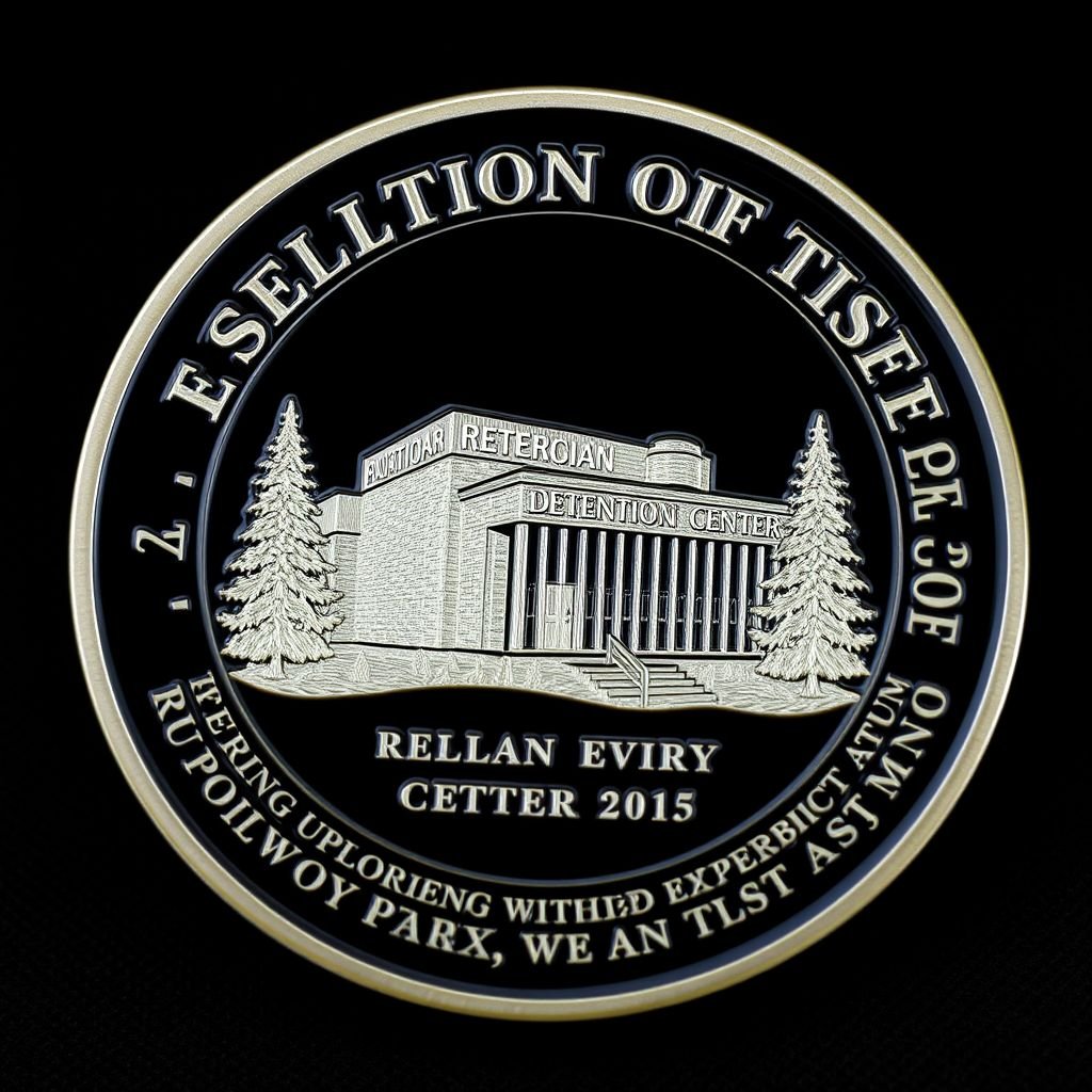 A challenge coin featuring a round shape, predominantly black color. Engraved images of a detention center and jail bars, surrounded by pine trees. The surface etched with bold text, commemorative in theme, symbolizing resilience and unity. Coin-sized, a tangible reminder of strength, belonging, and the shared experience within adversity.