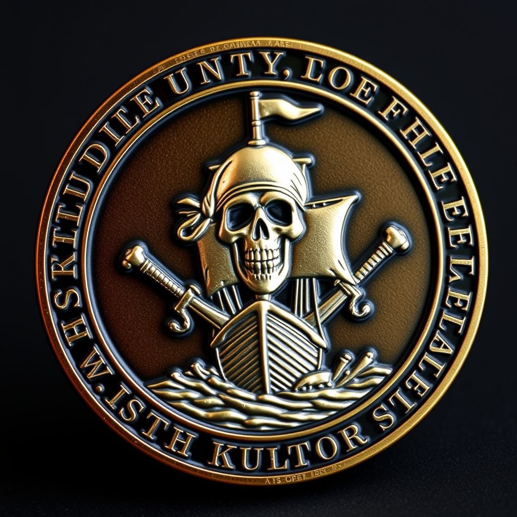 A challenge coin featuring a detailed skeleton head atop a pirate ship, surrounded by crossed swords. Round shape accentuated with a matte finish, smooth edges enhancing tactile appeal. Gothic text style encircles the edge, the 3D relief design adding depth and intricacy, large size making a bold statement, rich metallic hues gleaming.