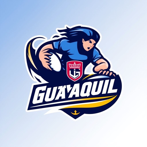 Design a vibrant logo for the Universidad de Guayaquil's rugby team. Incorporate dynamic elements that reflect the sport's energy, featuring the iconic university colors. Include stylized rugby imagery, such as a ball or player in action, and integrate the university's emblem, symbolizing pride, teamwork, and athletic excellence in a modern style.