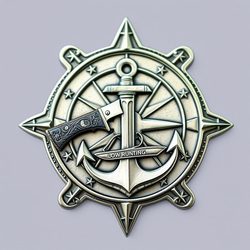 A unique challenge coin, intricately shaped like a compass rose. Centered, a detailed bowie knife with ornate handle, its blade gleaming. An anchor, robust and aged, intertwined with a sleek, low-profile drug running boat. Engraved designs of waves and stars envelop the edges, showcasing a tale of adventure and resilience.