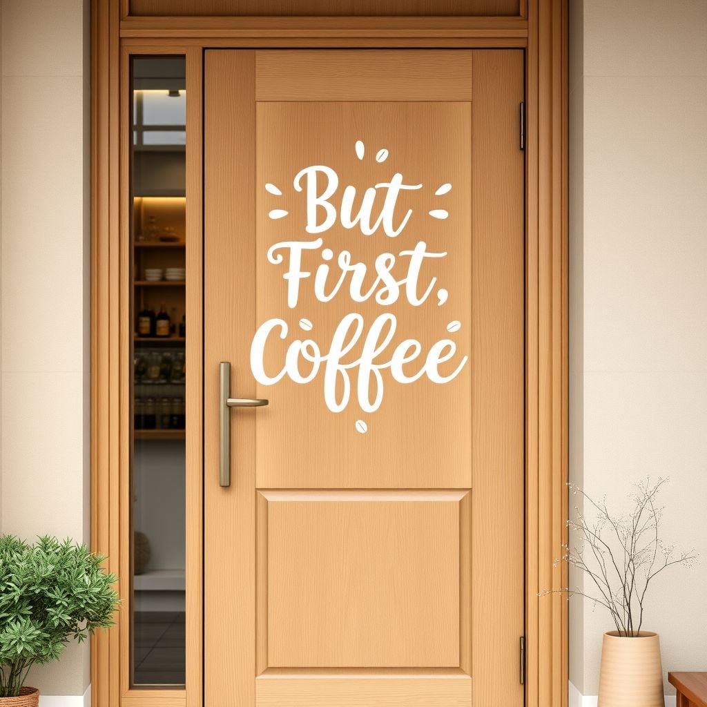 Design a cozy coffee shop door featuring a minimalist Scandinavian aesthetic, using warm wood tones and soft pastel colors. Incorporate artistic lettering of the slogan “But First, Coffee” intertwined with delicate latte art and coffee bean motifs. Add subtle floral illustrations to evoke a welcoming atmosphere that invites patrons in.