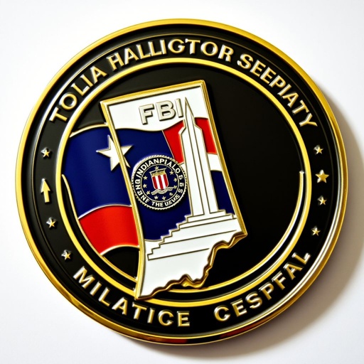 A challenge coin shaped like the Indianapolis Motor Speedway, adorned with the elegant Indiana silhouette. The FBI badge and seal prominently displayed, clear and detailed. The Indianapolis flag in vibrant colors, intertwining with elements of the Indiana Soldiers and Sailors Monument. A race theme with bold, polished gold accents, smooth edges.