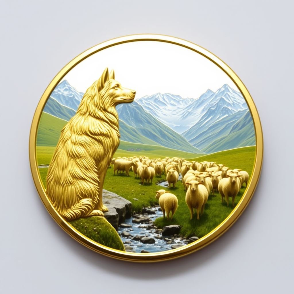 AChallenge Coin, gleaming in radiant gold, displays a majestic sheepdog, watchful and proud, overlooking a serene herd of fluffy white sheep. A gentle stream glistens, weaving through a lush green valley, surrounded by rugged mountains, their peaks capped with snow, under a clear blue sky, evoking tranquility and steadfast guardianship.