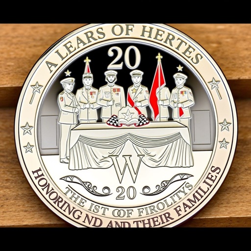 A striking challenge coin design, showcasing intricate engravings of honor guards standing at a solemn tribute table. The front illustrates polished badges, draped flags, and elegant motifs symbolizing service. Prominently displayed text reads: “20 YEARS OF HONORING HEROES AND THEIR FAMILIES” in an ornate font, with a highlighted "W." A lasting tribute.