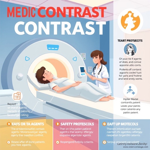 Design a vibrant medical contrast safety poster featuring a comforting CT scan room scene. Illustrate a patient reclining on the scanning table, looking relaxed, while a compassionate nurse explains the process. Use clear graphics to depict safety protocols, emphasizing vital information about contrast agents and reassuring the patient with warm colors.