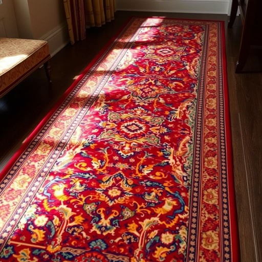 A stunning Persian rug, a long runner gracefully unfolds, adorned with intricate traditional patterns. Luxurious silk material shimmers under soft light, showcasing vibrant primary colors—deep reds, bright blues, and sunny yellows. Rich floral motifs and geometric designs intertwine, creating an opulent tapestry that brings warmth and character to any space.