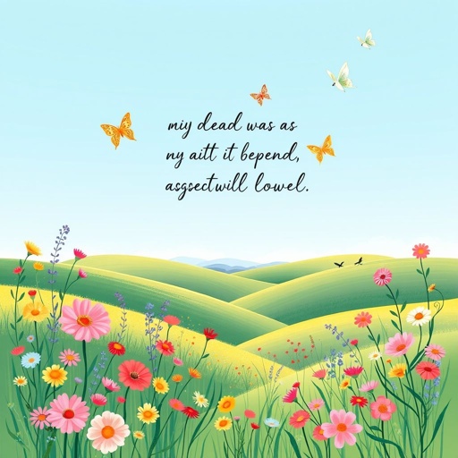 Design a greeting card featuring a whimsical landscape filled with vibrant wildflowers and rolling hills under a bright blue sky. Incorporate playful, hand-drawn illustrations of butterflies and birds, along with a heartfelt message in elegant script. Use a pastel color palette to evoke a sense of warmth and joy.