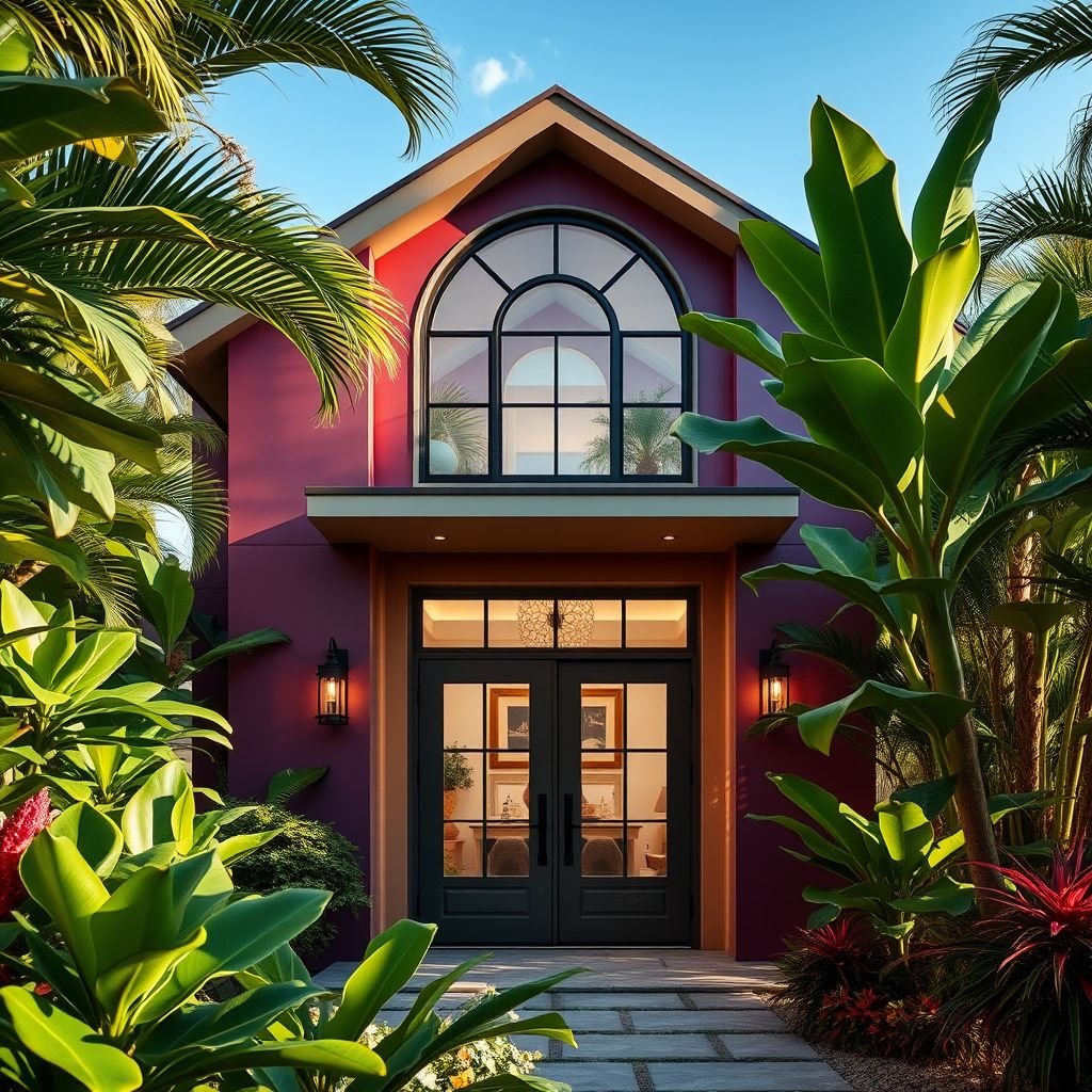 A sleek contemporary house stands amidst vibrant tropical foliage. Exterior walls clad in jewel tones shimmer under sunlight. Transom windows arch gracefully above elegant double doors. Inside, a modern farmhouse aesthetic unfolds with rustic accents. Subtle LED lighting illuminates sustainable features, creating an inviting harmony between nature and innovative design.