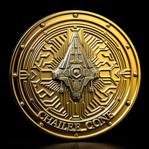 Challenge coin, oval shape, metal material, polished finish, shimmering gold color, smooth edges, futuristic design elements, embedded 3D relief image of a starship, intricate circuitry patterns framing the coin, bold gothic text style for the name, sci-fi theme evoking distant galaxies, fantasy realms, and heroic legends, captivating and majestic appearance.