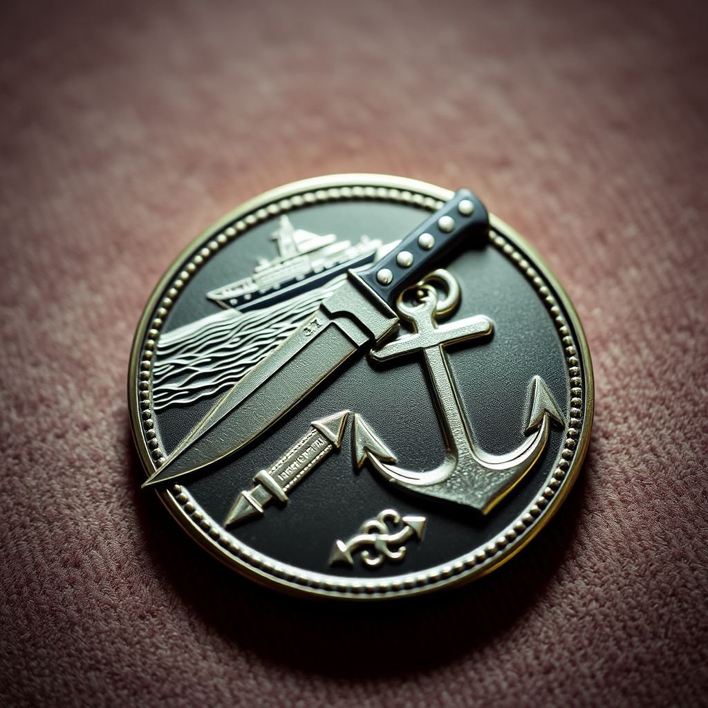 A gleaming challenge coin rests on a soft velvet backdrop. The surface features an intricately designed bowie knife, its blade glinting sharply. Beside it, a sturdy anchor symbolizes strength. In the background, a stealthy drug-running boat merges seamlessly into the coin's edge, encapsulating adventure, danger, and allegiance in one piece.