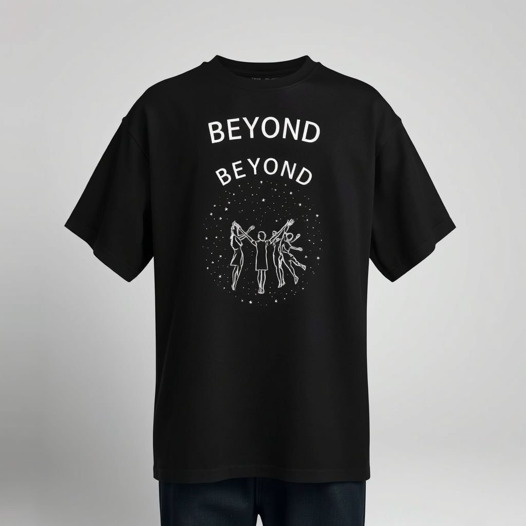 Embroidery adorns a black oversized t-shirt, centered graphic featuring human silhouettes gracefully floating, ethereal forms evolving into a starry abyss. Above, bold minimal white text spells 'BEYOND' in modern, spaced-out font. Clean streetwear design embodies urban sophistication, premium fashion aesthetic emphasized by realistic fabric texture against a serene studio background.