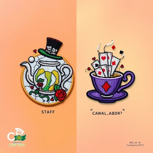 A pair of embroidered patches, oval-shaped, framed in intricate designs, vibrant colors defined as a chosen background hue. The staff patch showcases a chipped teapot with tea cascading down, bordered by ghostly steam creatures. An "Angry Hatter's" hat adorned with a skull card, "Evil Kitty" watching with menacing grin, red rose petals falling, cracks resembling shattered mirrors. The camper patch presents a chipped teacup overflowing with tea, accompanied by a poison-skull tea bag. A hovering "White Wabbit's" watch suspended, fluttering cards displaying red and black suits, delicate soul steam rising, mirrored fractures echoing haunting beauty. C10, JR, BSA logo, camp 2025 text prominently displayed.