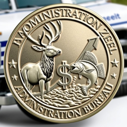 A challenge coin featuring a round design, embossed with a majestic elk and a leaping fish. An upward trend graph arches, symbolizing growth. A prominent dollar sign glimmers in the foreground. In the background, an enforcement truck represents authority. Bold text reads "Administration Bureau," embodying strength and progress within a unified theme.