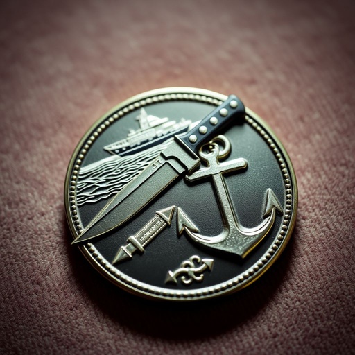 A gleaming challenge coin rests on a soft velvet backdrop. The surface features an intricately designed bowie knife, its blade glinting sharply. Beside it, a sturdy anchor symbolizes strength. In the background, a stealthy drug-running boat merges seamlessly into the coin's edge, encapsulating adventure, danger, and allegiance in one piece.