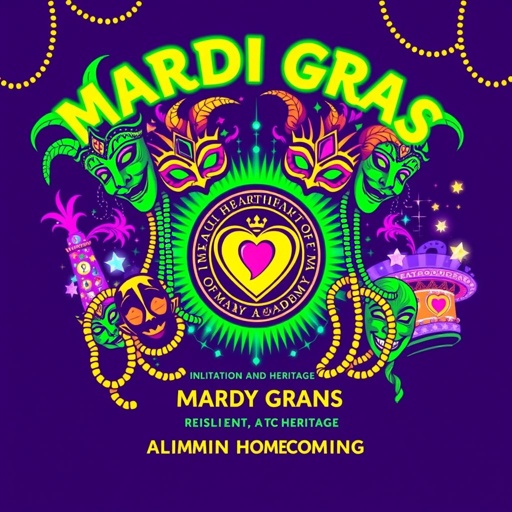 Vibrant T-shirt design, Mardi Gras theme, bold neon colors, intricate masks adorned with feathers, joyful beads cascading, whimsical floats featuring sparkling lights, jubilant faces expressing unity, swirling patterns echoing energy, festive atmosphere alive with excitement, the logo central, celebrating resilience and heritage, Immaculate Heart of Mary Academy spirit, for alumni homecoming.
