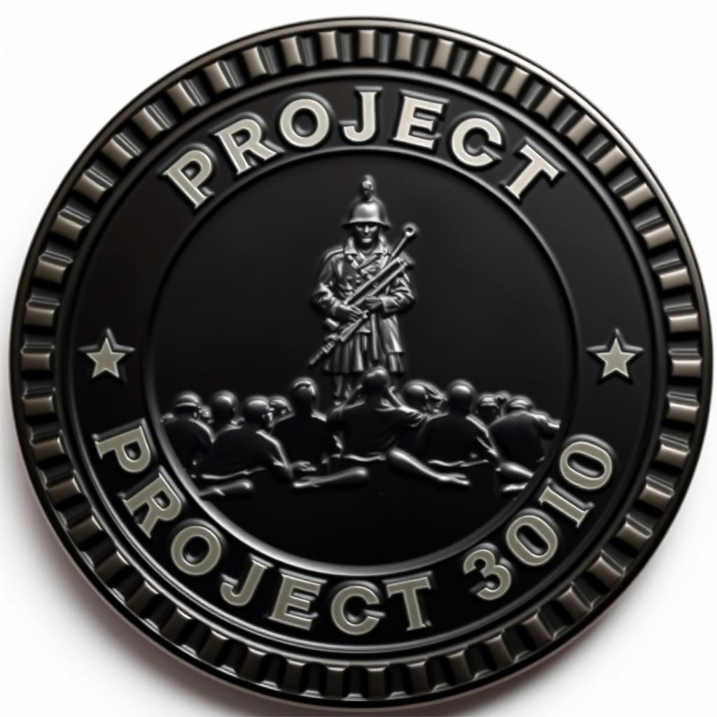Challenge coin design featuring a round shape, forged from metal with a matte black finish. A ridged edge encircles the coin. Bold text style displays 'Project 300'. Centered, an engraved image of a vigilant guard standing watch over recruits adds depth, symbolizing strength and commitment, embodying the commemorative theme.