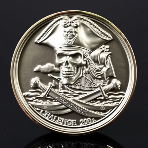 A prominent challenge coin featuring a detailed skeleton pirate wearing an ornate hat. A majestic pirate ship sails in the background, sails billowing. Two crossed swords beneath the ship, showcasing intricate engravings. The coin, round and large, crafted from polished metal, gleaming edges reflecting light, creating a stunning 3D relief effect.
