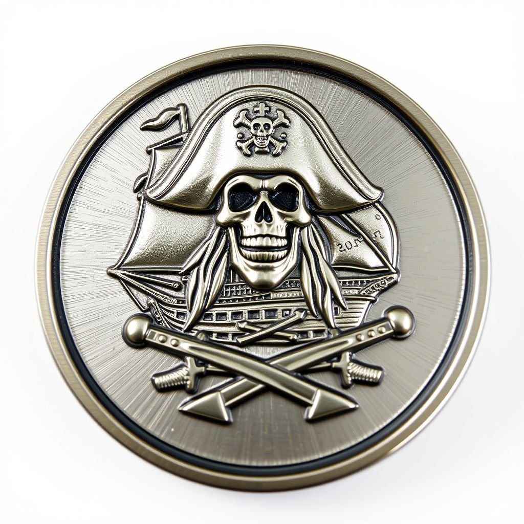 A round challenge coin, shimmering metal surface, featuring a detailed 3D relief of a menacing skeleton pirate adorned with an ornate hat. Behind, a fierce pirate ship sails, sails billowing in the wind. Crossed swords beneath the pirate accentuate the theme, while smooth edges reflect light, inviting close inspection.