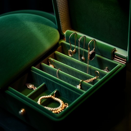 A luxurious jewelry box, rich green velvet enveloping smooth curves. Modern elegance embodied in vintage design, custom compartments elegantly structured. Delicate necklace hooks, carefully organized, cradle cherished gems. Soft light dances off plush fabric, highlighting intricate textures. An aura of tranquility and sophistication permeates each corner, inviting serene indulgence and style.