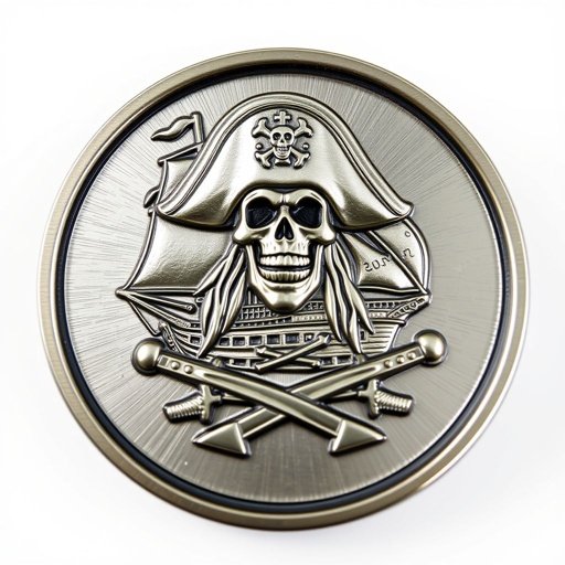 A round challenge coin, shimmering metal surface, featuring a detailed 3D relief of a menacing skeleton pirate adorned with an ornate hat. Behind, a fierce pirate ship sails, sails billowing in the wind. Crossed swords beneath the pirate accentuate the theme, while smooth edges reflect light, inviting close inspection.