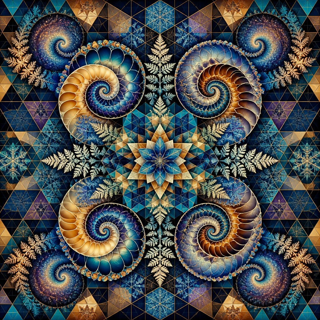 Create a professional graphic design.
Design Brief: Design an intricate pattern featuring a tesselated background that showcases vibrant colors and geometric shapes. Overlay mesmerizing spirals inspired by seashells and galaxies, incorporating fractal patterns reminiscent of ferns and snowflakes. Emphasize symmetry throughout the composition, reflecting the beauty of nature’s design, creating a harmonious blend of art and mathematics.
Create a professional, high-quality design that is ready for use. Ensure the design is visually appealing, well-balanced, and appropriate for the intended purpose.