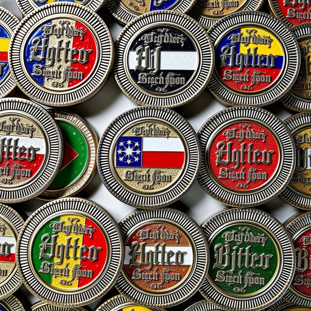 A collection of large, round challenge coins, each crafted from polished metal. Ridged edges encircle vibrant designs, embodying a country theme. Flags of various nations illustrated in rich color schemes, backgrounds adorned with intricate patterns. Gothic text styles prominently display meaningful inscriptions. Gleaming surfaces reflect light, creating a striking visual effect.