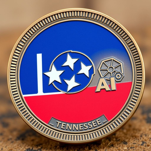A round challenge coin for Tennessee, showcasing a prominent state seal featuring three stars. The reverse side celebrates AI, with symbols of innovation and intelligence, like neural networks and gears. Antique bronze finish with a ridged edge, vibrant colors of the state flag accentuate a patriotic theme, medium-sized for collectors.