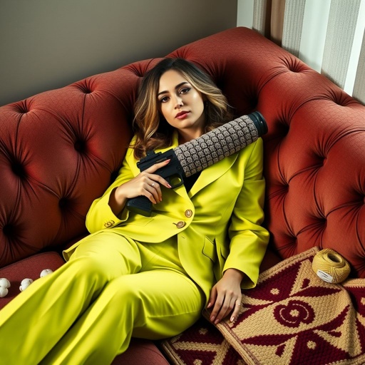 A stylish woman, clad in a tailored lime green business suit, relaxes on a plush couch. Surrounding her, a vibrant array of cotton threads, carefully organized, sparkles under soft lighting. Intricate patterns emerge on felt fabric, geometric shapes forming a striking contrast to her unconventional crocheted weapon, blending femininity and rebellion.