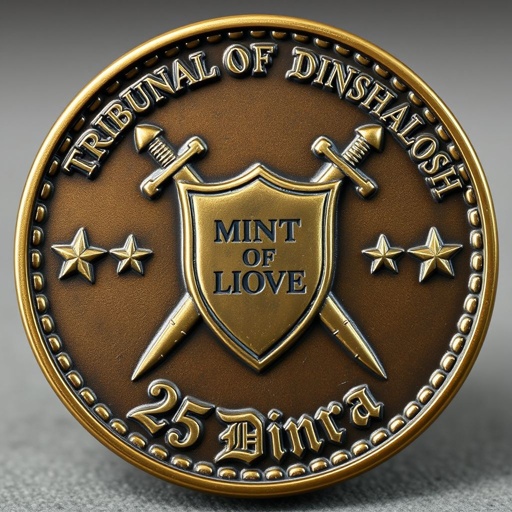 A round challenge coin, metal with a rustic finish, gleaming bronze. In the center, a bold shield encircled by two elegantly curved swords. Flanking the shield, five-point stars shimmer. Text above reads “Tribunal of Dinshalosh,” while “25 Dinra” graces the bottom. Mint date “1987” sits above the shield, ridged edges emphasizing adventure. Gothic text style enhances the regal design, a medium-sized 3D relief masterpiece invoking a sense of history and valor.