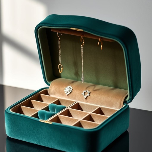 Jewelry box, luxurious deep green velvet, modern elegance radiating. Smooth, curved edges, contemporary silhouette striking. Inside, delicate necklace hooks, meticulously arranged, organized haven for treasured adornments. Soft light glimmering, plush fabric inviting tranquility. Sophisticated ambiance enveloping every corner, classic design elements harmonizing with custom compartments, medium size, opulent allure throughout.