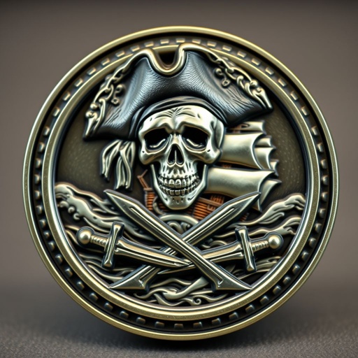 A challenge coin featuring a skeleton wearing a tattered pirate hat. The backdrop, a majestic pirate ship sailing through turbulent seas. Gleaming swords crossed beneath the skeleton, their sharp edges glinting in the light. The round metal surface showcases intricate 3D relief details, smooth edges enhancing its striking large size and presence.