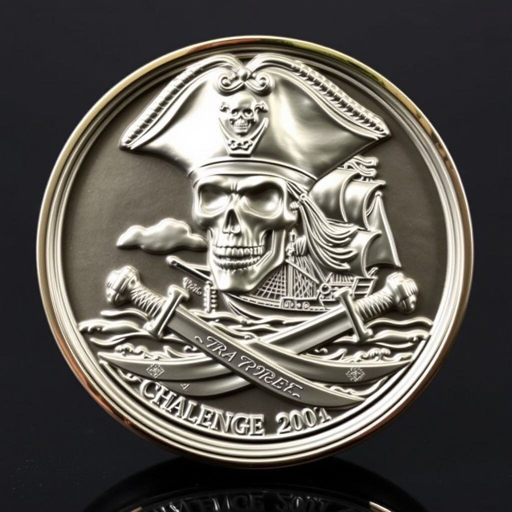 A prominent challenge coin featuring a detailed skeleton pirate wearing an ornate hat. A majestic pirate ship sails in the background, sails billowing. Two crossed swords beneath the ship, showcasing intricate engravings. The coin, round and large, crafted from polished metal, gleaming edges reflecting light, creating a stunning 3D relief effect.