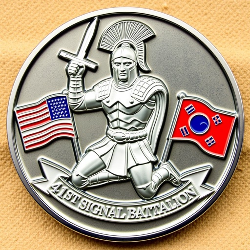 Challenge coin in the shape of a Spartan warrior, kneeling, sword and lightning bolt held high. Intricate details on armor, fierce expression. Below, a banner with "41st Signal Battalion" in italic text. Two flags fluttering—American flag and South Korean flag—each oriented oppositely. Silver metal with polished finish, smooth edges. Military spirit embodied.