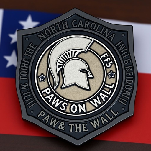 A challenge coin featuring a striking Spartan silhouette, positioned prominently against a backdrop of the North Carolina flag. The reverse side displays the phrase "Paws on the Wall" encircled within a unique, intricate design. Enveloping the coin, a rustic black metal shield shape, complemented by a ridged edge and bold serif text style.