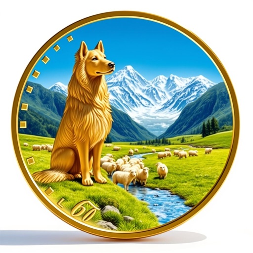 A brilliantly polished challenge coin, gleaming gold surface reflecting sunlight. A noble sheepdog stands sentinel, watchful gaze surveying a peaceful herd of fluffy white sheep scattered across lush green grass. A sparkling stream meanders through the valley, while majestic mountains rise dramatically in the background, their snow-capped peaks touching a clear blue sky.