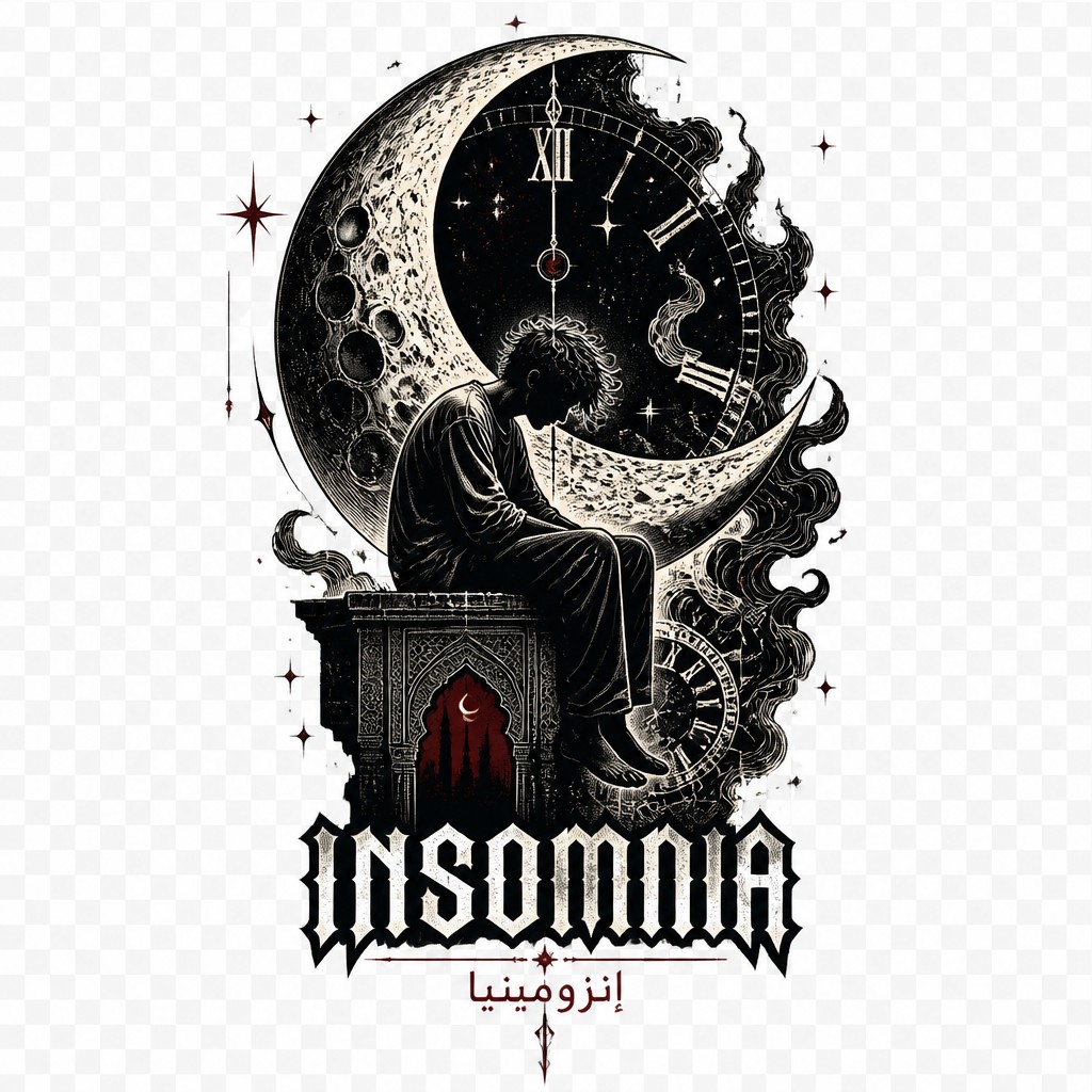 Create a premium high-end streetwear T-shirt graphic inspired by the concept of INSOMNIA (sleeplessness).
MAIN CONCEPT:
A mysterious exhausted human silhouette sitting awake beneath a large surreal crescent moon, surrounded by subtle floating stars, distorted clock elements, and delicate dream-like smoke. The composition should communicate sleepless nights, overthinking, silence, darkness, and the feeling of being awake while the entire world is sleeping.
STYLE:
Luxury Moroccan streetwear aesthetic, dark editorial fashion, sophisticated gothic-inspired artwork, vintage screenprint mixed with modern graphic design, detailed blackwork illustration, subtle distressed texture, premium clothing brand aesthetic.
COMPOSITION:
Create one strong centered graphic designed specifically for the front of a premium black oversized T-shirt.
Strong vertical composition.
The main artwork should feel balanced, mysterious and expensive.
No unnecessary elements.
Clean negative space around the artwork.
Isolated graphic on a transparent or plain background.
COLORS:
Black, off-white, muted silver, deep burgundy and a very subtle dark red accent.
Maximum 4–5 ink colors.
High contrast suitable for screen printing on a black T-shirt.
TYPOGRAPHY:
Add the word "INSOMNIA" in elegant bold gothic/editorial typography.
Place "INSOMNIA" subtly underneath the illustration.
Small secondary Arabic typography: "إنزومينيا"
Typography must be clean, sharp, readable and premium.
Do not use excessive text.
ARTWORK DETAILS:
Detailed moon, subtle stars, realistic shadows, elegant linework, atmospheric smoke, small vintage clock fragments and abstract dream symbols.
The character should look symbolic rather than cartoonish.
Create a sophisticated emotional atmosphere, not horror.
PRINT REQUIREMENTS:
Flat graphic artwork.
Screen-print friendly.
Clean edges.
Strong silhouettes.
No photographic background.
No mockup.
No T-shirt visible.
No model.
No gradients that are difficult to print.
Transparent background.
Centered isolated artwork.
High-resolution print-ready composition.
OVERALL FEEL:
Exclusive limited-edition streetwear drop.
Minimal but powerful.
Mysterious.
Luxury.
Emotional.
Modern Moroccan youth fashion.
The design should look like it belongs to an expensive independent fashion label, not a generic AI-generated T-shirt.