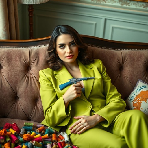 Lime green business suit, tailored elegance, a woman nestled on a vintage couch, cozy ambiance, vibrant cotton threads intertwined in intricate patterns. Cross stitch design emerges, a whimsical gun shape, contrasting textures, soft felt fabric cradling creativity. Surrounding her, colorful spools scatter, an eclectic inspiration, blending tradition and modernity in harmony.