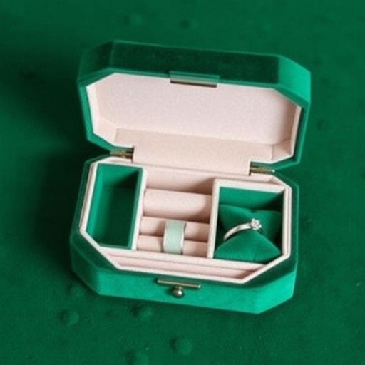 A medium-sized jewelry box in rich emerald green velvet, its surface soft and inviting. Modern design elements shine through clean lines and geometric shapes. Custom compartments meticulously crafted, varying in size and depth, perfect for rings, necklaces, and earrings. Subtle metallic accents add touches of elegance, enhancing its luxurious appearance.