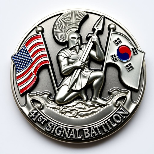 A striking challenge coin, sculpted into the form of a noble Spartan kneeling. Lightning sword poised elegantly, the intricate details reflecting strength. Below, a flowing banner boldly displays "41st Signal Battalion" in italic text. Two flags flutter gracefully on either side—vibrant American and South Korean flags, polished silver surface gleaming, smooth edges enhancing the military elegance.