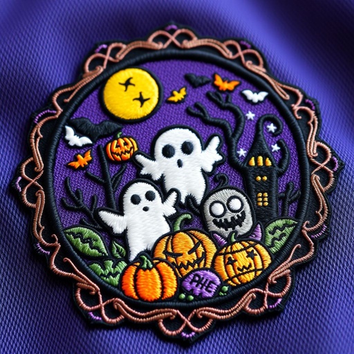 Embroidered patch featuring a whimsical Halloween motif, blending classic pop culture icons. Intricate heat cut borders frame the design, accented with a vibrant metallic color palette. Rich purples, gleaming golds, and deep blacks create contrast. Running stitching techniques add texture and depth, enhancing playful elements like ghosts, pumpkins, and quirky monsters.
