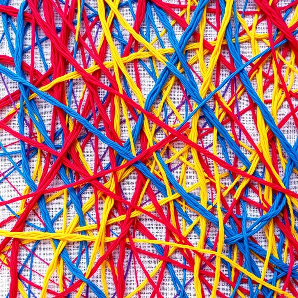 A vibrant, abstract canvas, colorful intertwining threads. Bold primary hues of red, blue, and yellow. Cross stitches create a chaotic yet harmonious pattern. Soft polyester fabric as the backdrop, enhancing texture. Intricate designs emerge, a fusion of modern artistry and traditional embroidery. An enigmatic statement within the delicate stitches lingers.