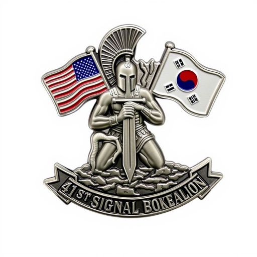 A challenge coin shaped like a Spartan figure, kneeling fiercely beside a jagged sword of lightning. The bottom adorned with a sleek banner featuring “41st Signal Battalion” in elegant italic text. Two flags, vibrant American and South Korean, wave proudly. Metal texture, polished silver finish, smooth edges reflect a strong military theme.
