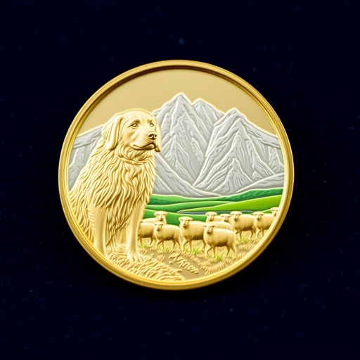 A gleaming, gold challenge coin rests against a deep blue velvet backdrop. The intricate engraving features a noble sheepdog with alert eyes and a sturdy stance, vigilantly overseeing a fluffy flock of sheep. Majestic mountains rise in the distance, their snow-capped peaks contrasting with the verdant valley below, sunny and serene.