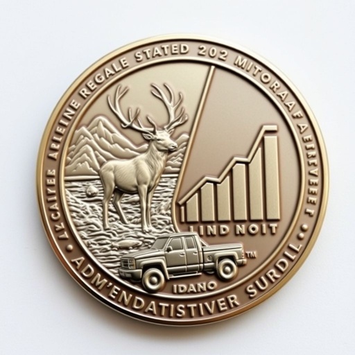A round challenge coin featuring intricate engravings of Idaho’s landscape. The front displays an elk majestically standing, surrounded by rippling waters of a salmon-filled river. The reverse showcases a stylized graph illustrating an upward trend, emblematic of the Administration Bureau. A rugged pickup truck subtly embossed along the outer edge.