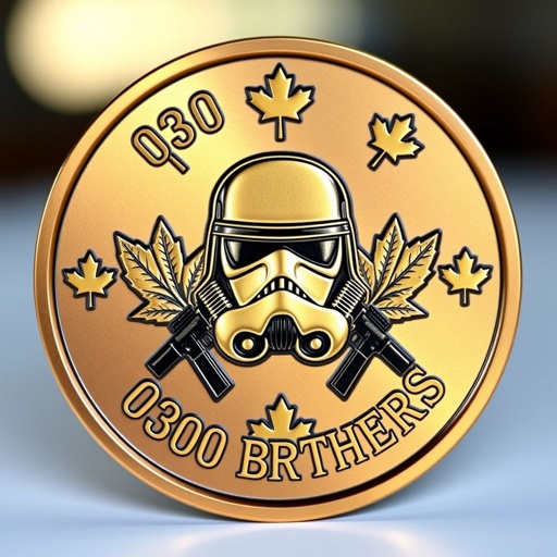 A round challenge coin featuring a bronze finish, gleaming under soft light. In the center, a Storm Trooper mask, intricately detailed, flanked by two Cross FN rifles. Surrounding the edge, vibrant maple leaves interspersed with the bold text "0300 BROTHERS" in gothic letters. Smooth edges evoke a sense of timeless honor.