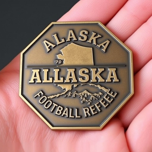 Alaska-themed challenge coin, octagonal design, featuring "ALASKA FOOTBALL REFEREE" in bold text style across the surface. Matte finish enhancing the bronze color, smooth edges inviting touch. Commemorative theme reflecting the spirit of football, medium size fitting perfectly in hand. Intricate detailing evokes images of snowy mountains and rugged landscapes.
