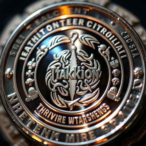 A round challenge coin, gleaming metal surface reflecting light. The Takkion logo proudly displayed at the center, intricate design. Surrounding the logo, swirling patterns representing wind currents. Safety symbols, like helmets and harnesses, engraved along the edges. A rugged texture, embodying empowerment and resilience for technicians, symbolizing teamwork and commitment.